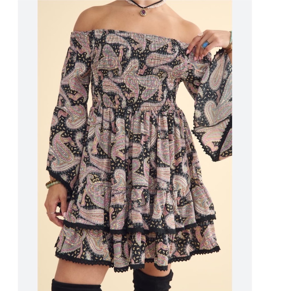 Earthbound Trading Co Paisley‎ Off Shoulder Smocked Mini Dress Bell Sleeve L